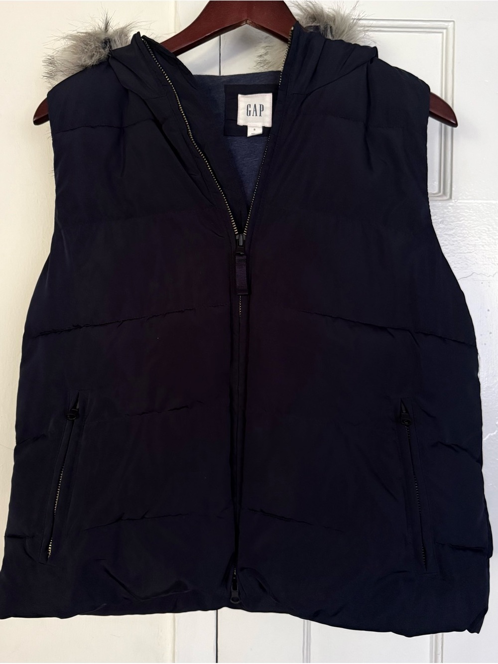 GAP Navy Hooded Puffer Vest with Faux-Fur Trim